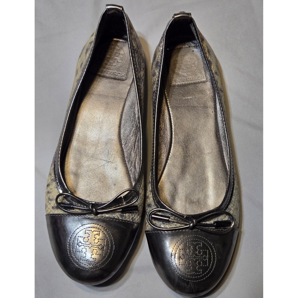 Tory Burch Verbena Tribal Snake Leather Silver Cap Toe Flats Size 7M